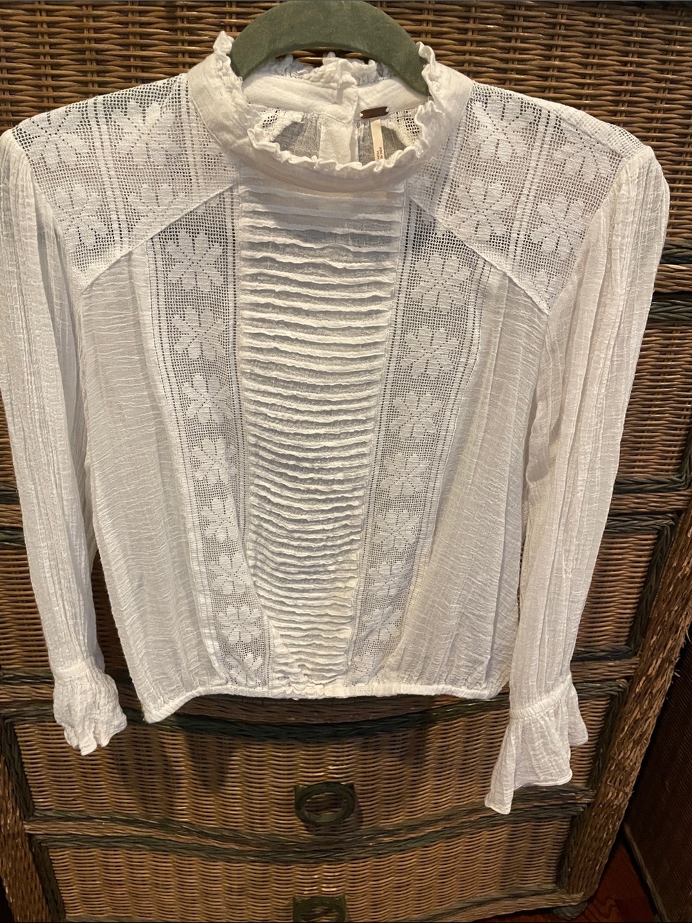 Free People White Lace Pintuck High-Neck Blouse